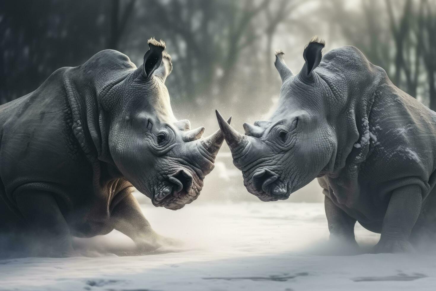 AI generated Two Rhinoceros getting ready for fight on Ice. AI Generated photo