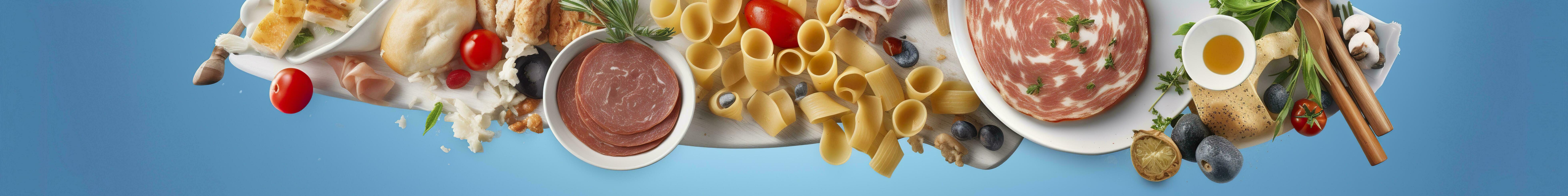 AI generated Web page banner of famous Italian food recipes on clean blue background. AI Generated photo