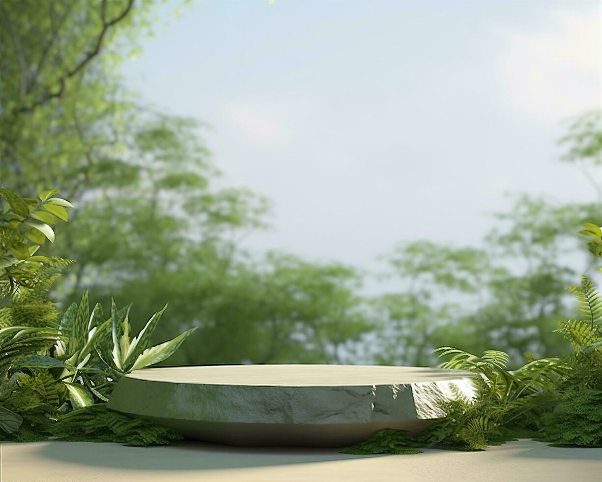 AI generated Stone product display podium for cosmetic product with green nature garden background. Generative AI photo