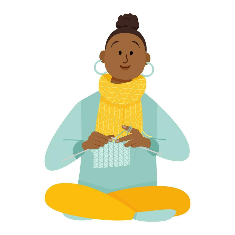 Young dark-skinned woman in a scarf knits with knitting needles vector