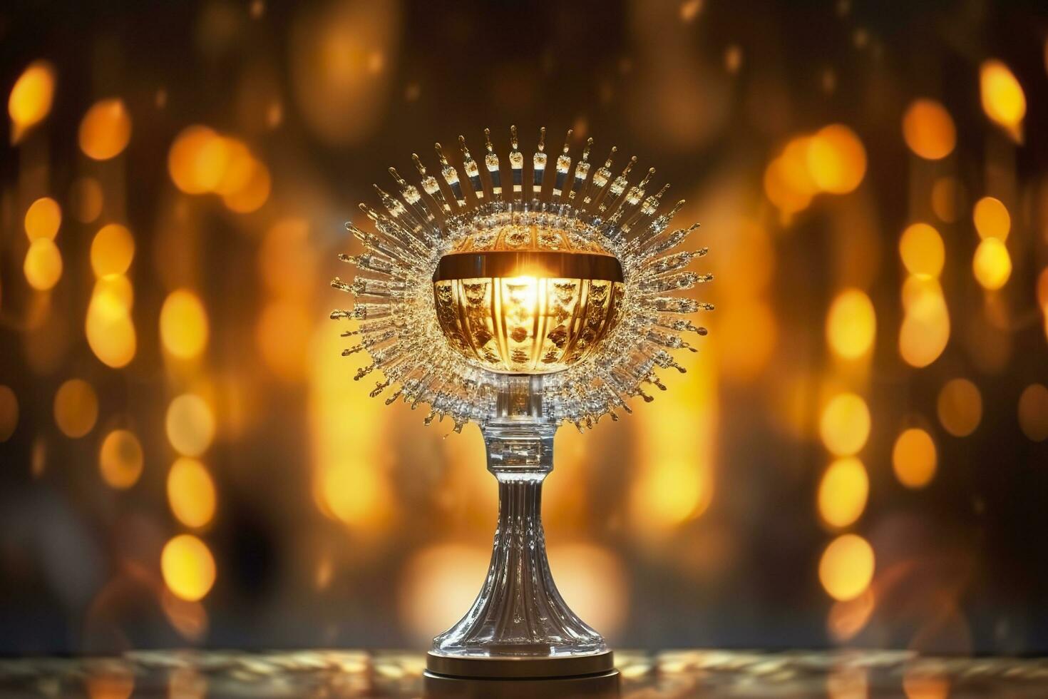 AI generated The golden monstrance with a little transparent crystal center, consecrated host. church defocused background. AI Generative photo