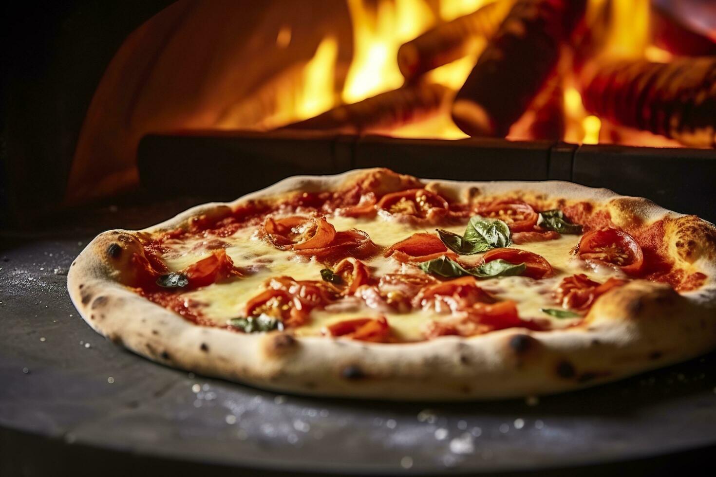 AI generated Freshly baked pizza closeup, traditional wood fired oven background. AI Generated photo