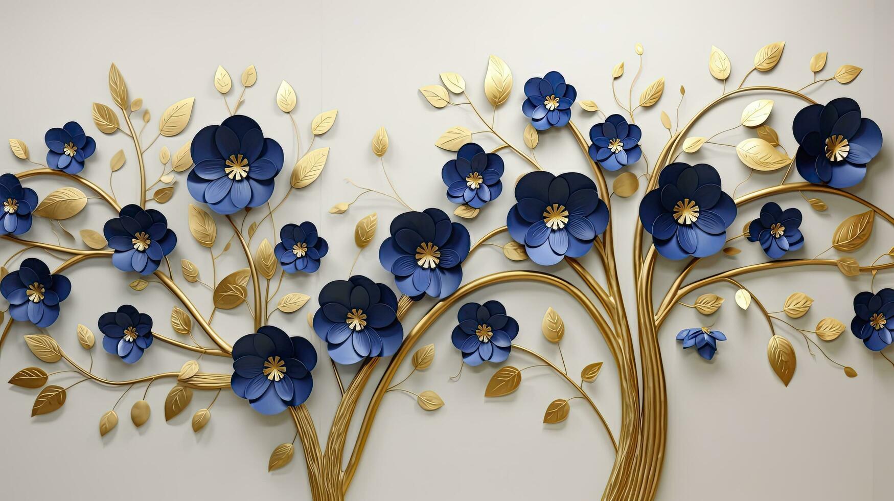 AI generated Elegant gold and royal blue floral tree with leaves and flowers hanging branches illustration background. AI Generated. photo