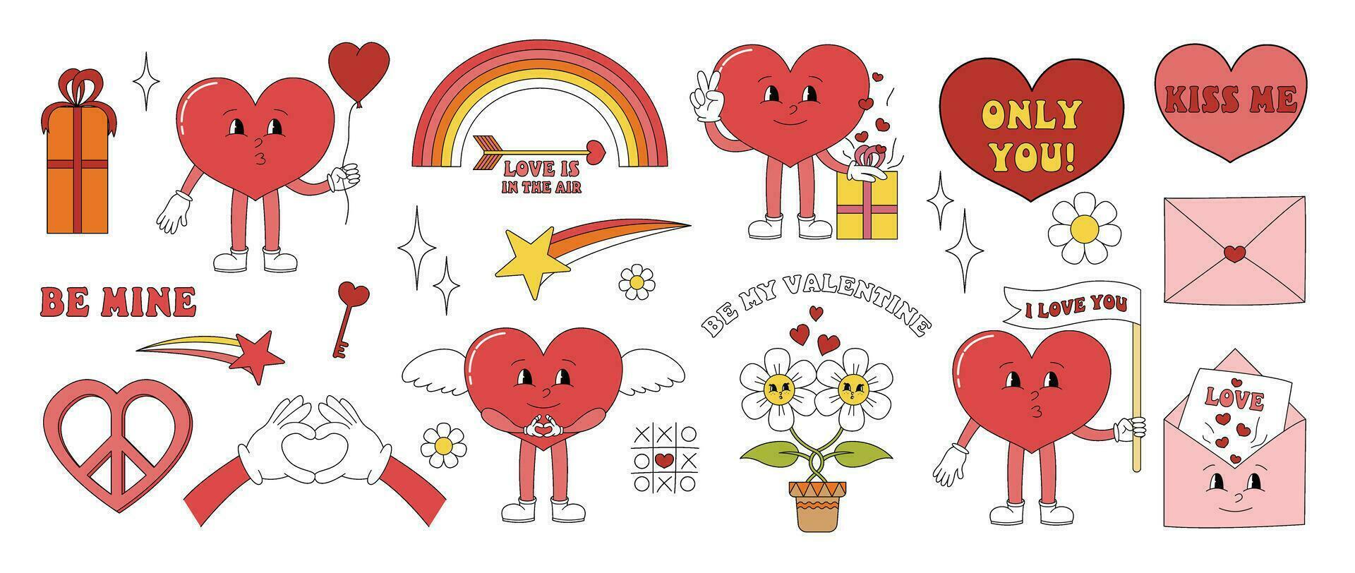 Groovy hippie love sticker set. Retro happy Valentines day. Comic happy heart character in trendy retro 60s 70s cartoon style. Retro characters and elements vector