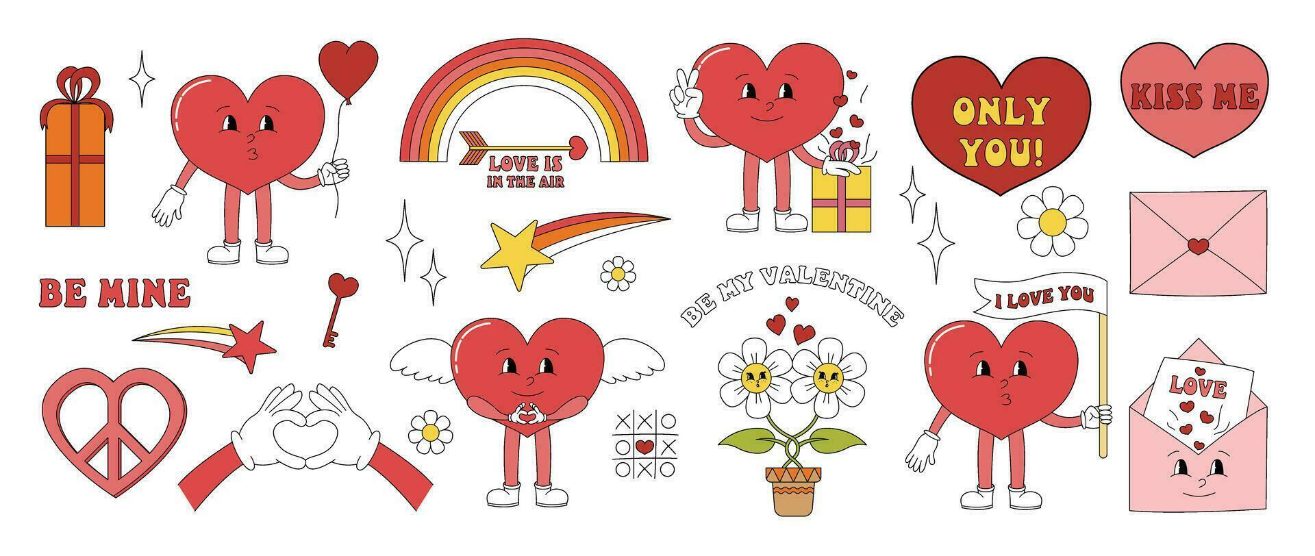 maravilloso hippie amor pegatina colocar. retro contento san valentin día. cómic contento corazón personaje en de moda retro 60s 70s dibujos animados estilo. retro caracteres y elementos vector