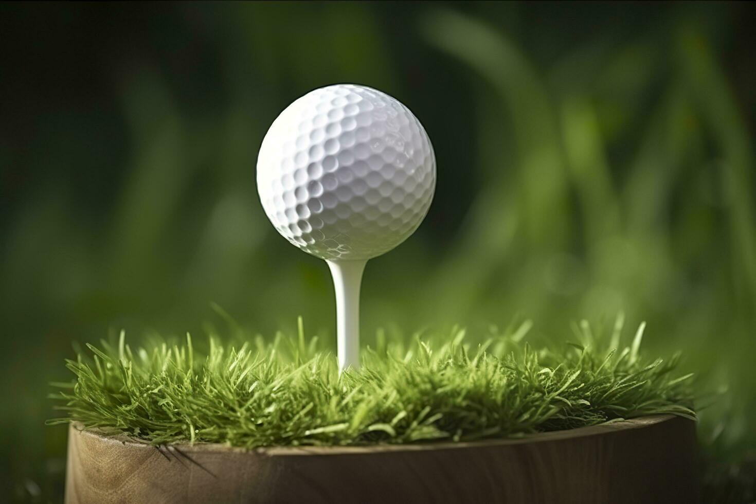 AI generated White golf ball on wooden tee with grass. Generative AI photo