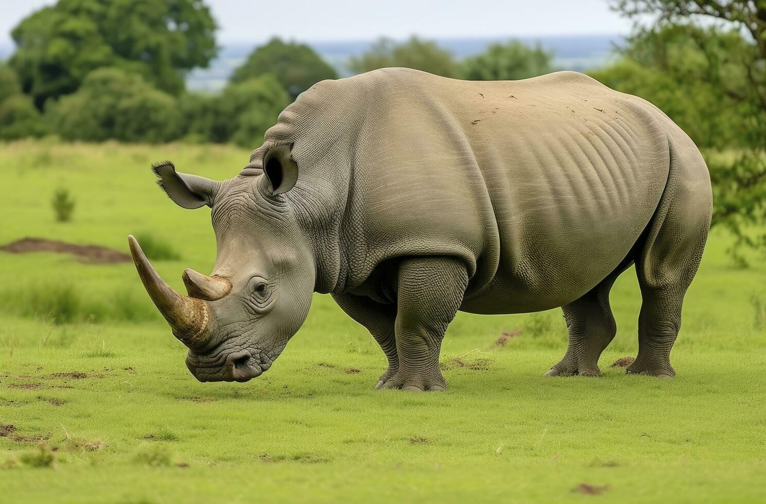 AI generated White Rhino grazing. AI Generated photo