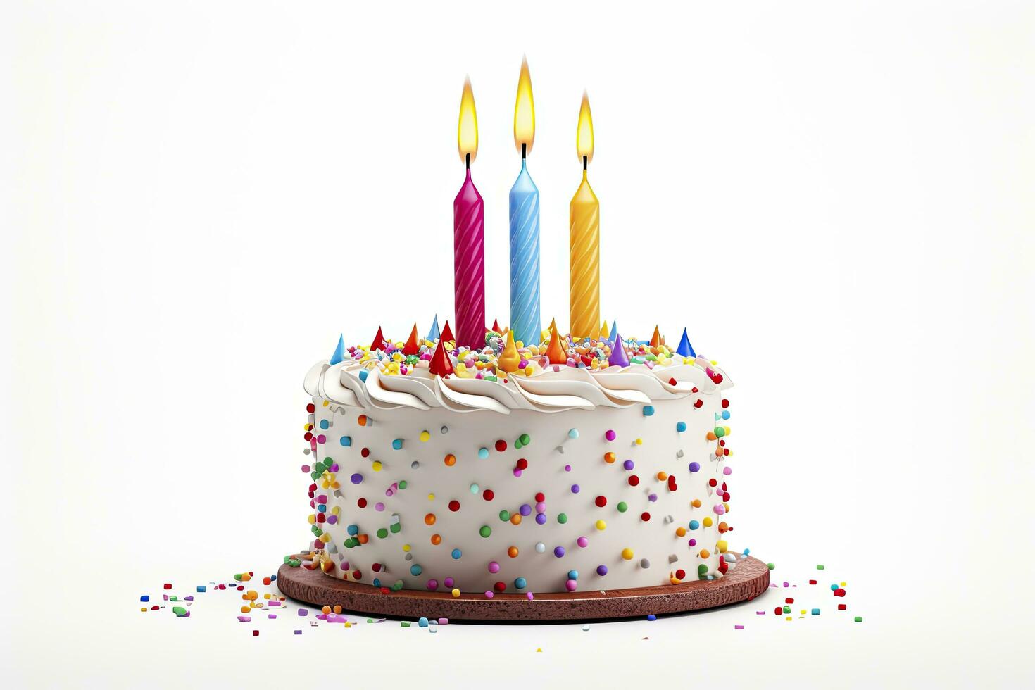 AI generated Colourful birthday cake with candles isolated on white background. AI Generated photo