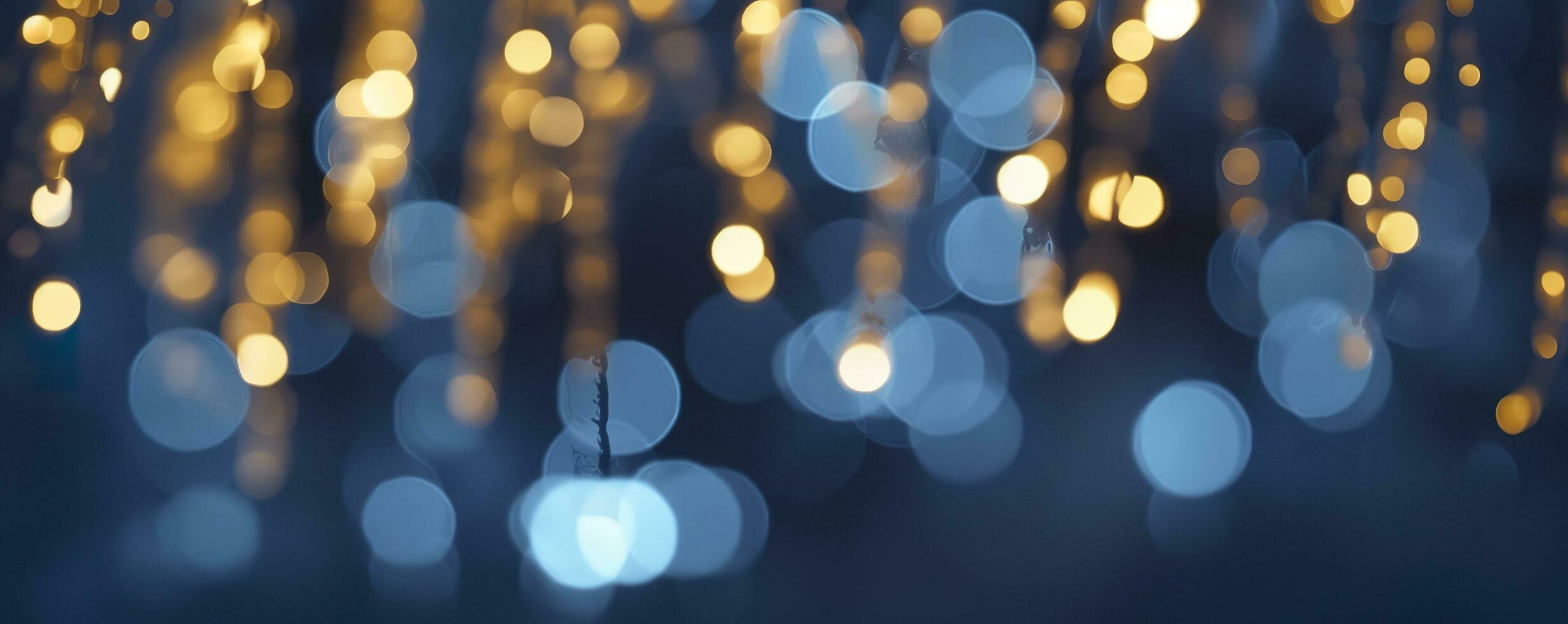 AI generated holiday illumination and decoration concept, Christmas garland bokeh lights over dark blue background. AI Generated photo