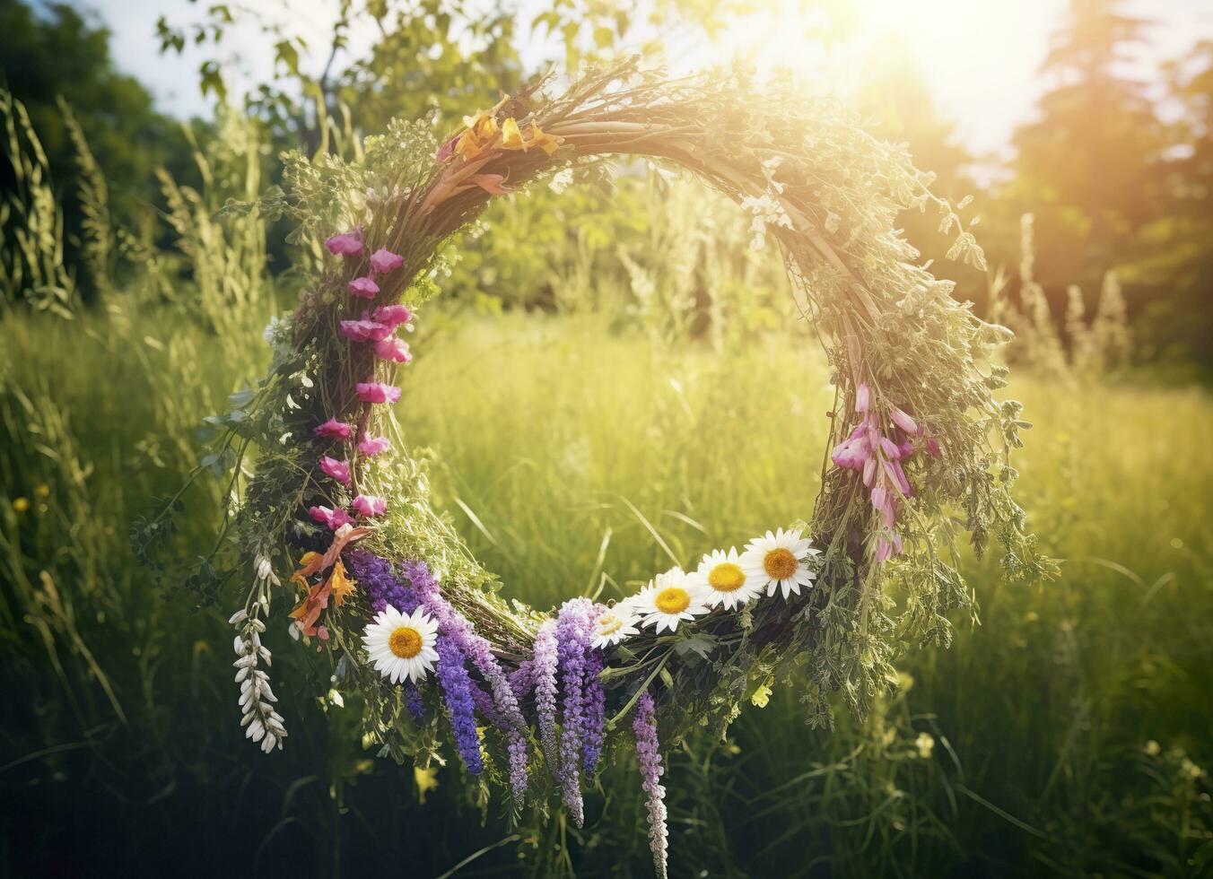 AI generated Rustic wildflowers wreath on a sunny meadow. Summer Solstice Day, Midsummer concept. Generative AI photo