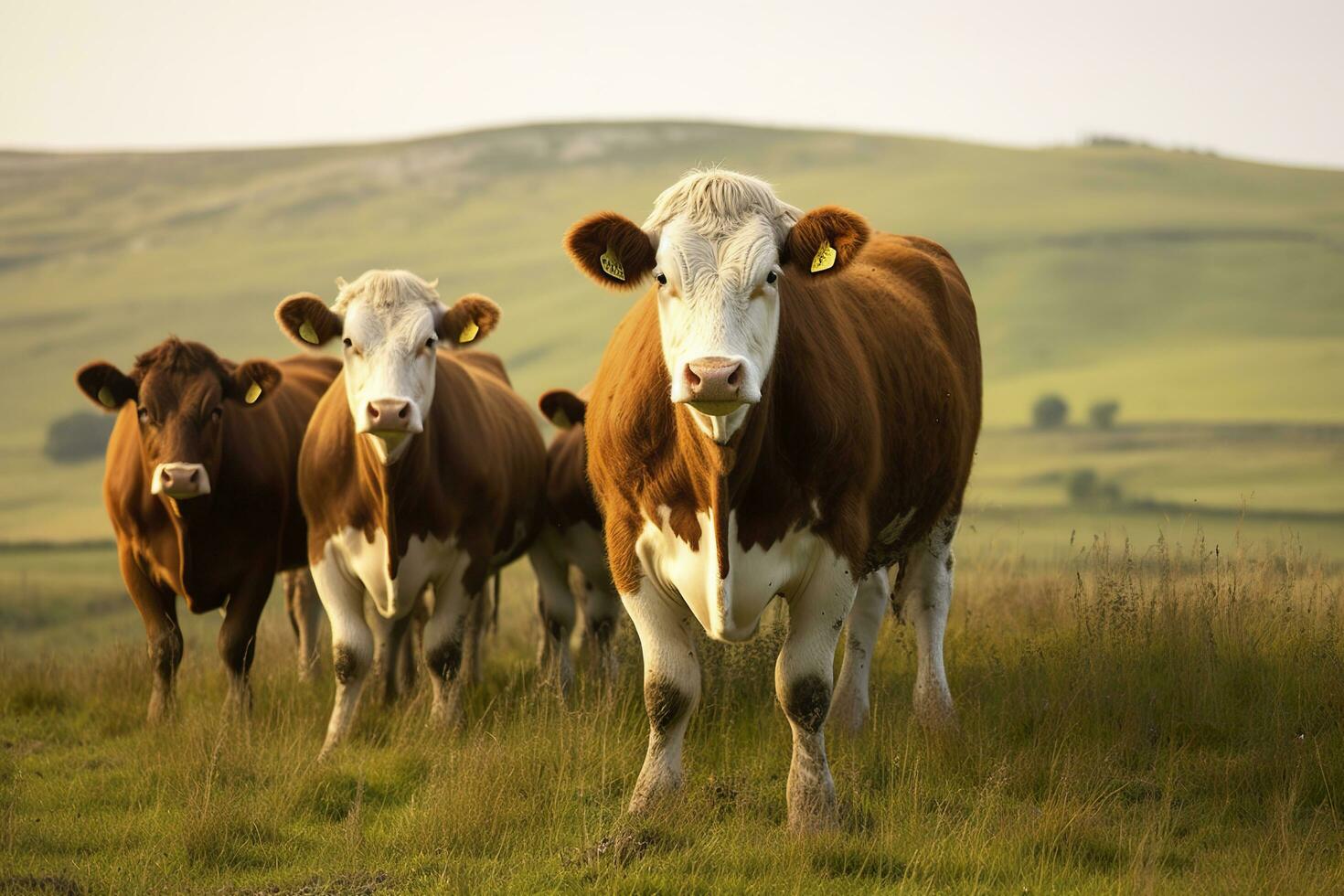 AI generated Group of cows standing in a grassy field. AI Generated photo