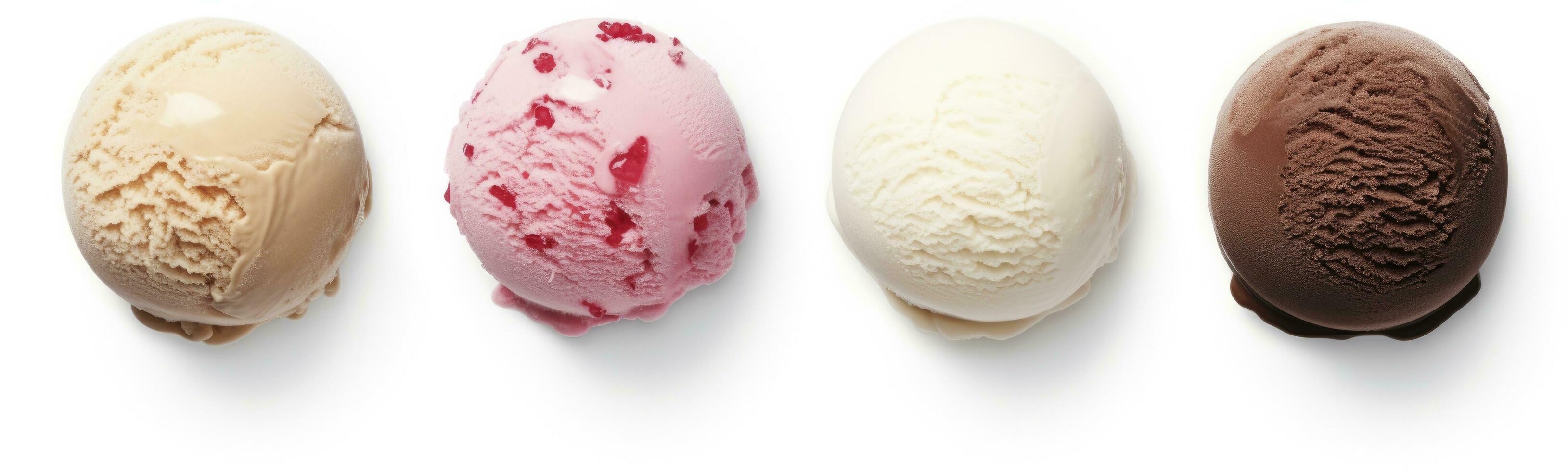 AI generated Set of four various ice cream balls or scoops isolated on white background. AI Generated photo