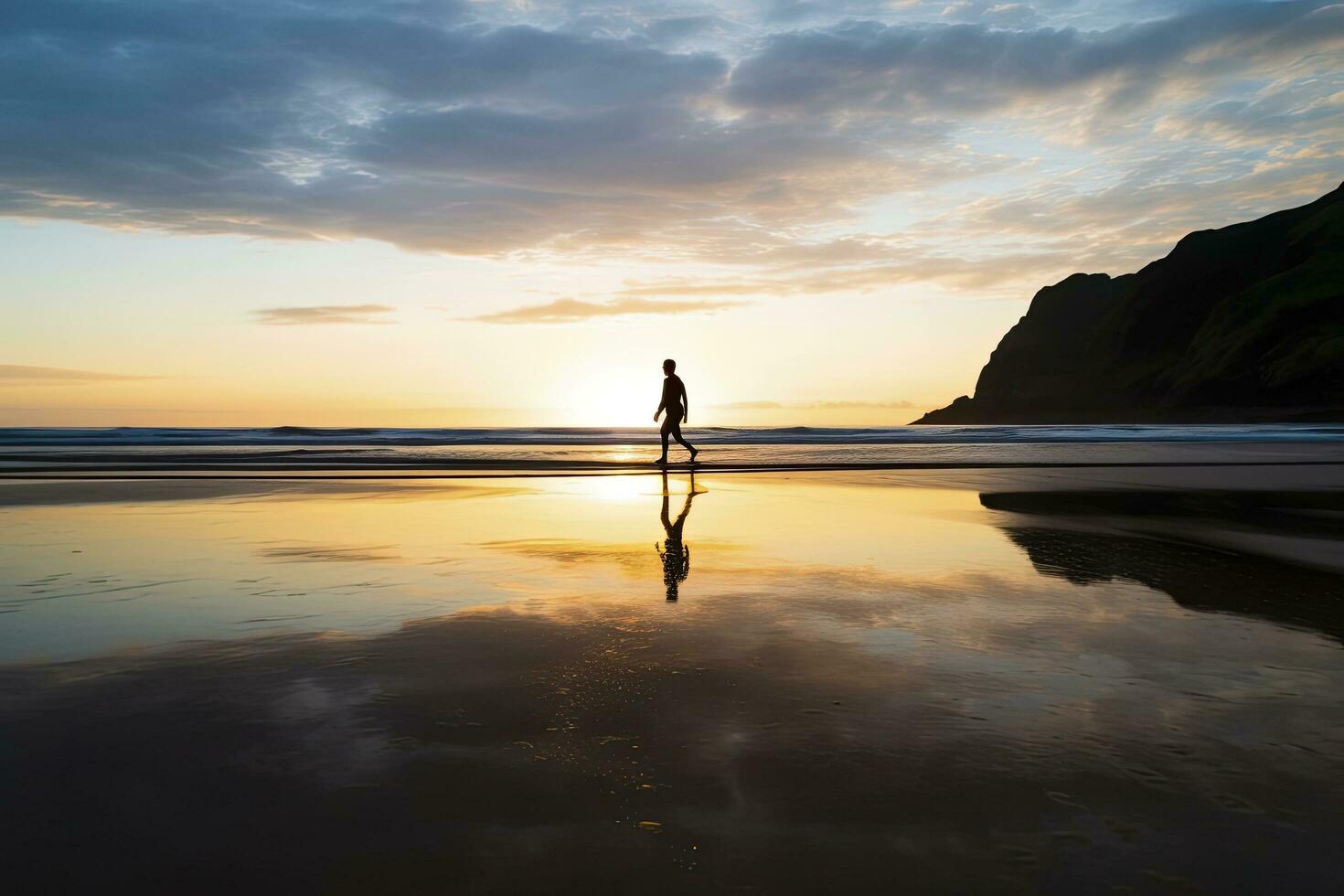 AI generated A person walking on the beach at sunset. AI Generated. photo