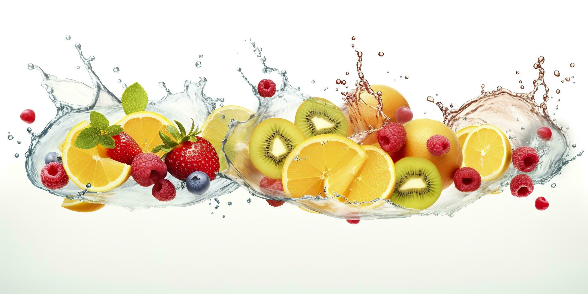 AI generated Swirl water splash with fruits. liquid flow with ice cubes and a mix of fresh fruits. Generative AI photo