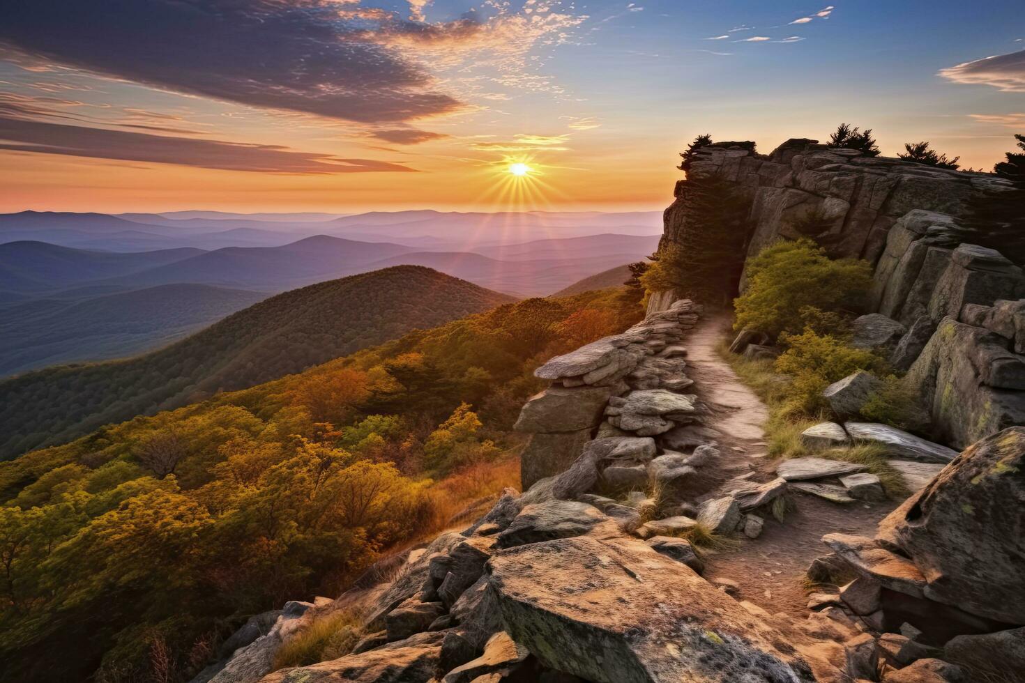 ai generado puesta de sol en pedregoso hombre montaña. ai generado foto