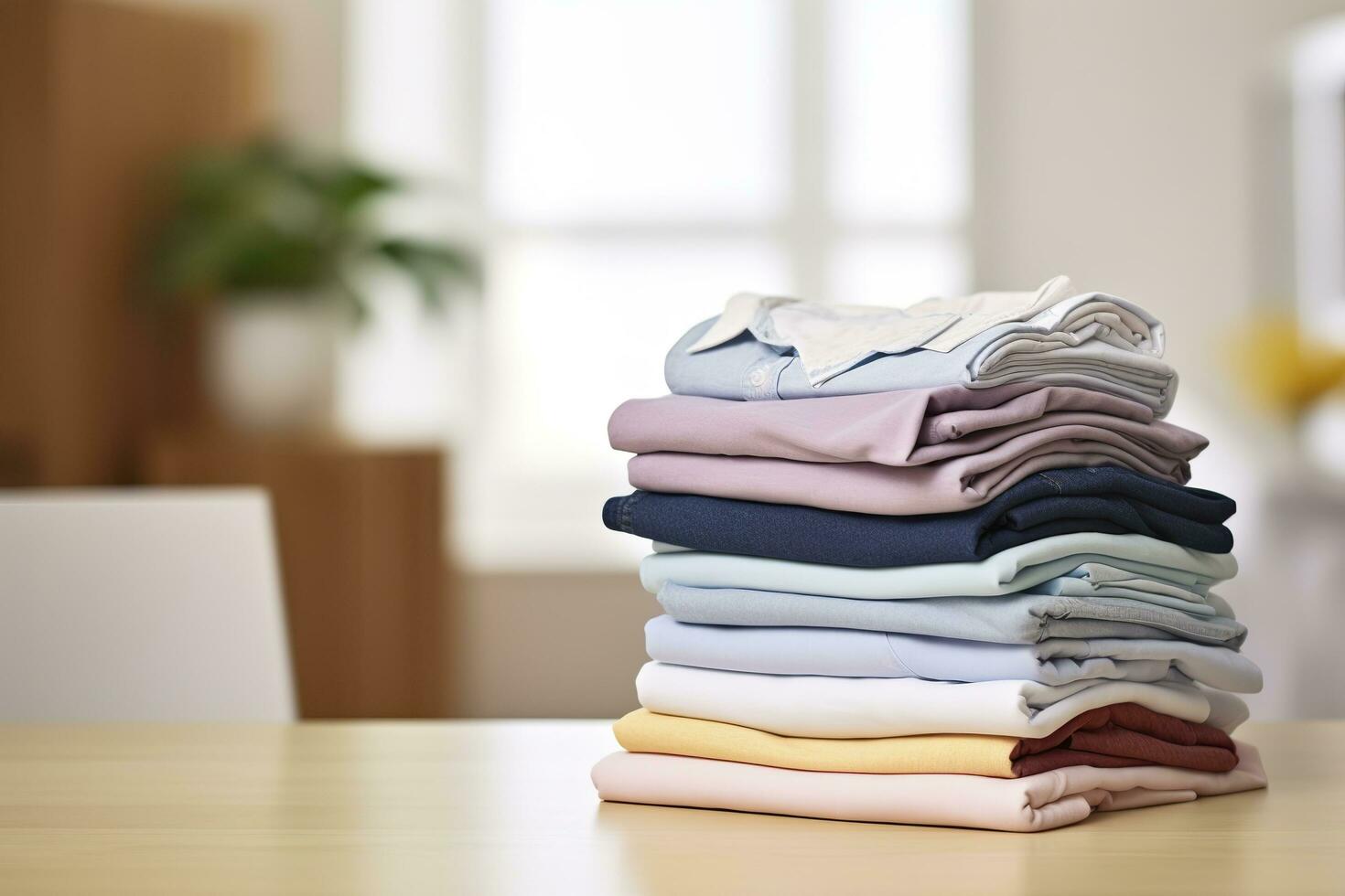 AI generated Stack of clean clothes on table in room. Generative AI photo