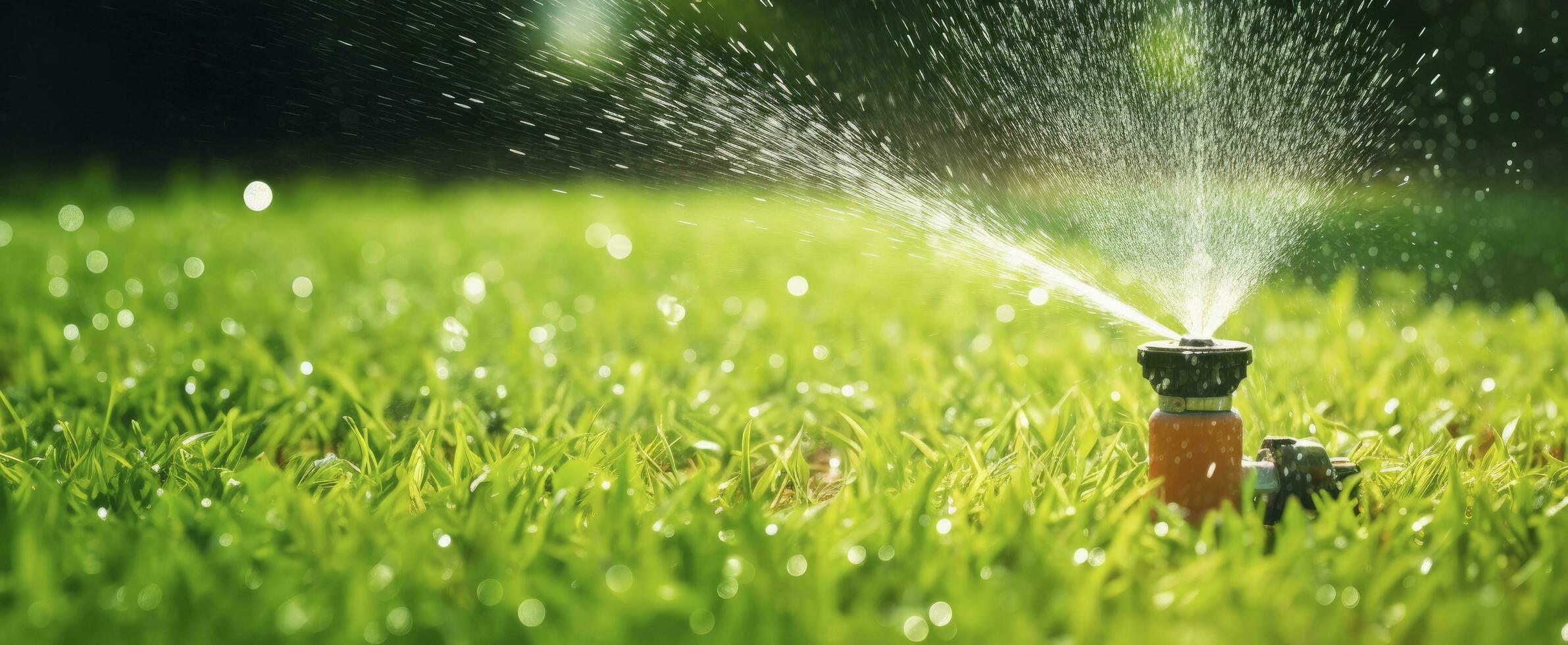 AI generated Automatic garden lawn sprinkler in action watering grass. AI Generated photo