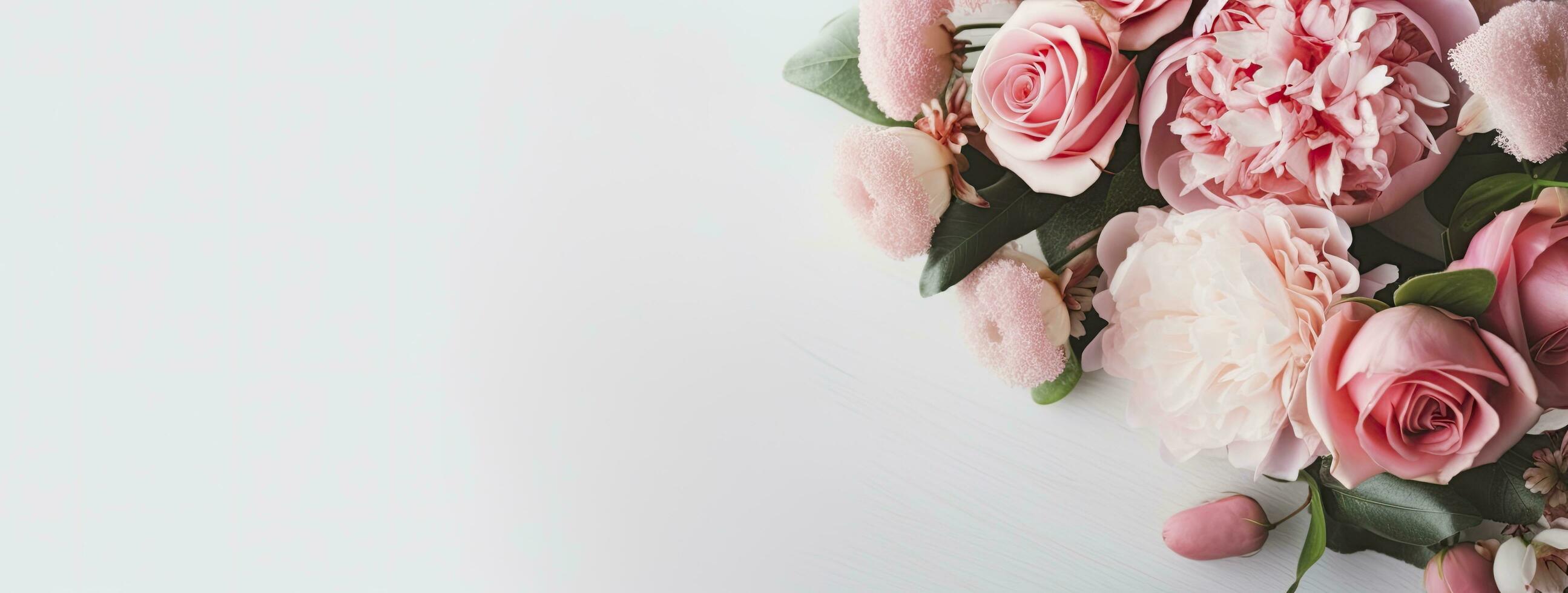 AI generated Fresh bunch of pink peonies and roses with copy space. AI Generated photo