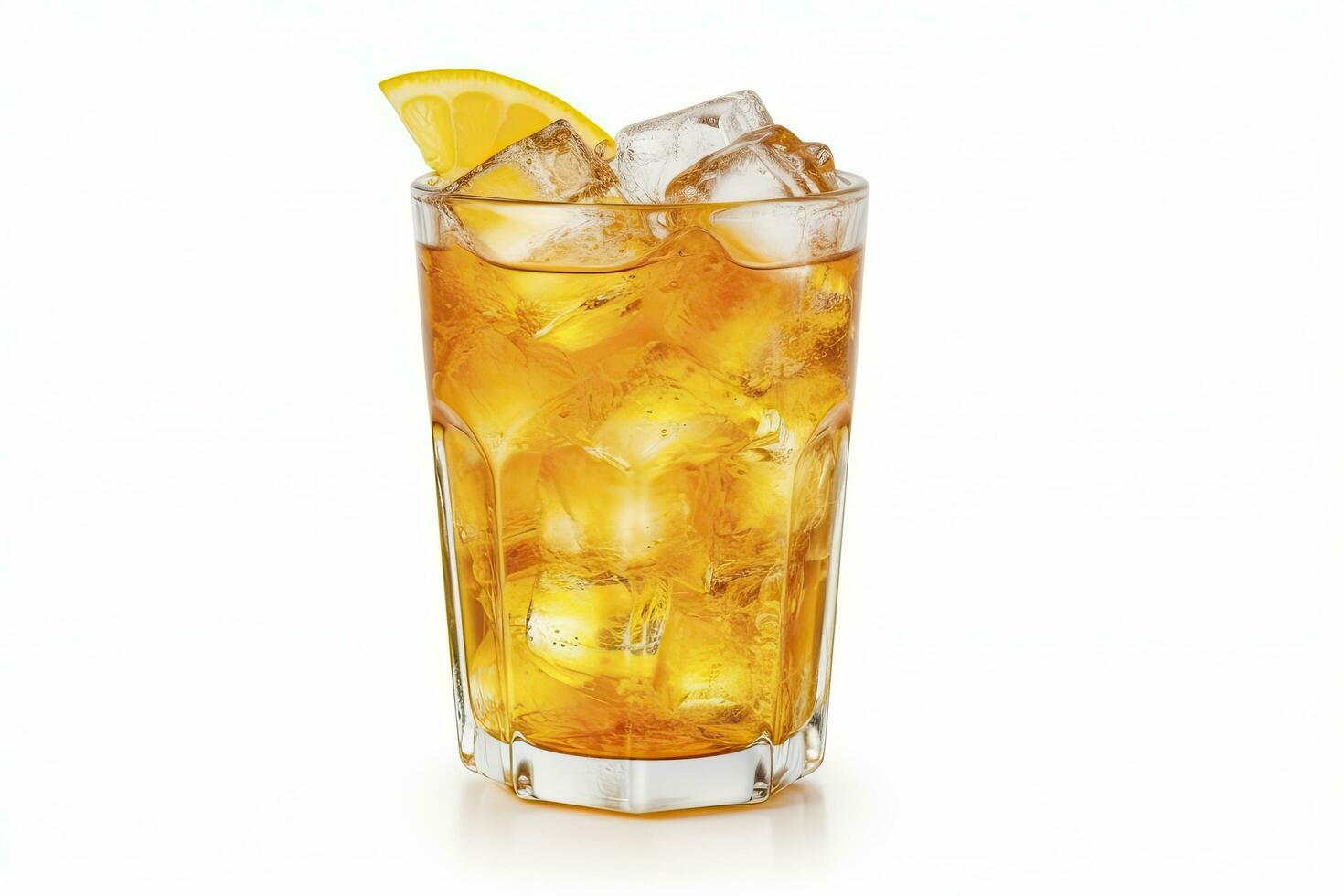 AI generated A glass of orange soda water with ice cubes on white background. AI Generated photo
