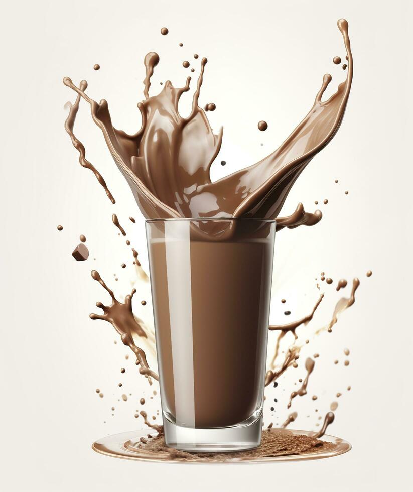 ai generado vaso con salpicaduras cacao, chocolate torrencial, y chapoteo. 3d ilustración. ai generado foto