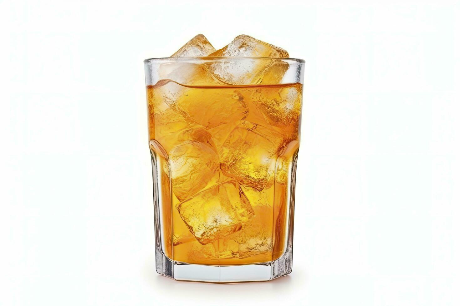 AI generated A glass of orange soda water with ice cubes on white background. AI Generated photo