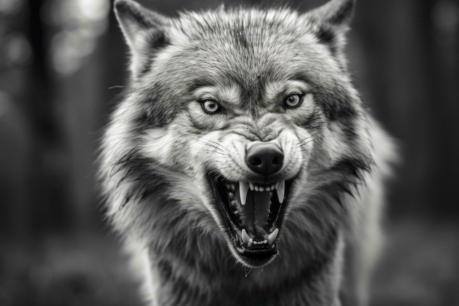 AI generated Greyscale closeup shot of an angry wolf with a blurred background. AI Generated photo