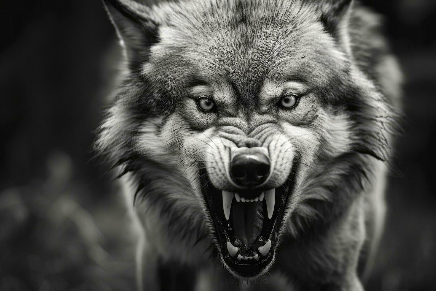 AI generated Greyscale closeup shot of an angry wolf with a blurred background. AI Generated photo