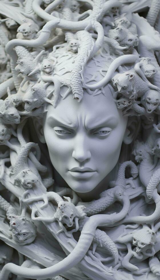 ai generado retrato de cyborg medusa cerca arriba tallado en mármol. ai generado foto