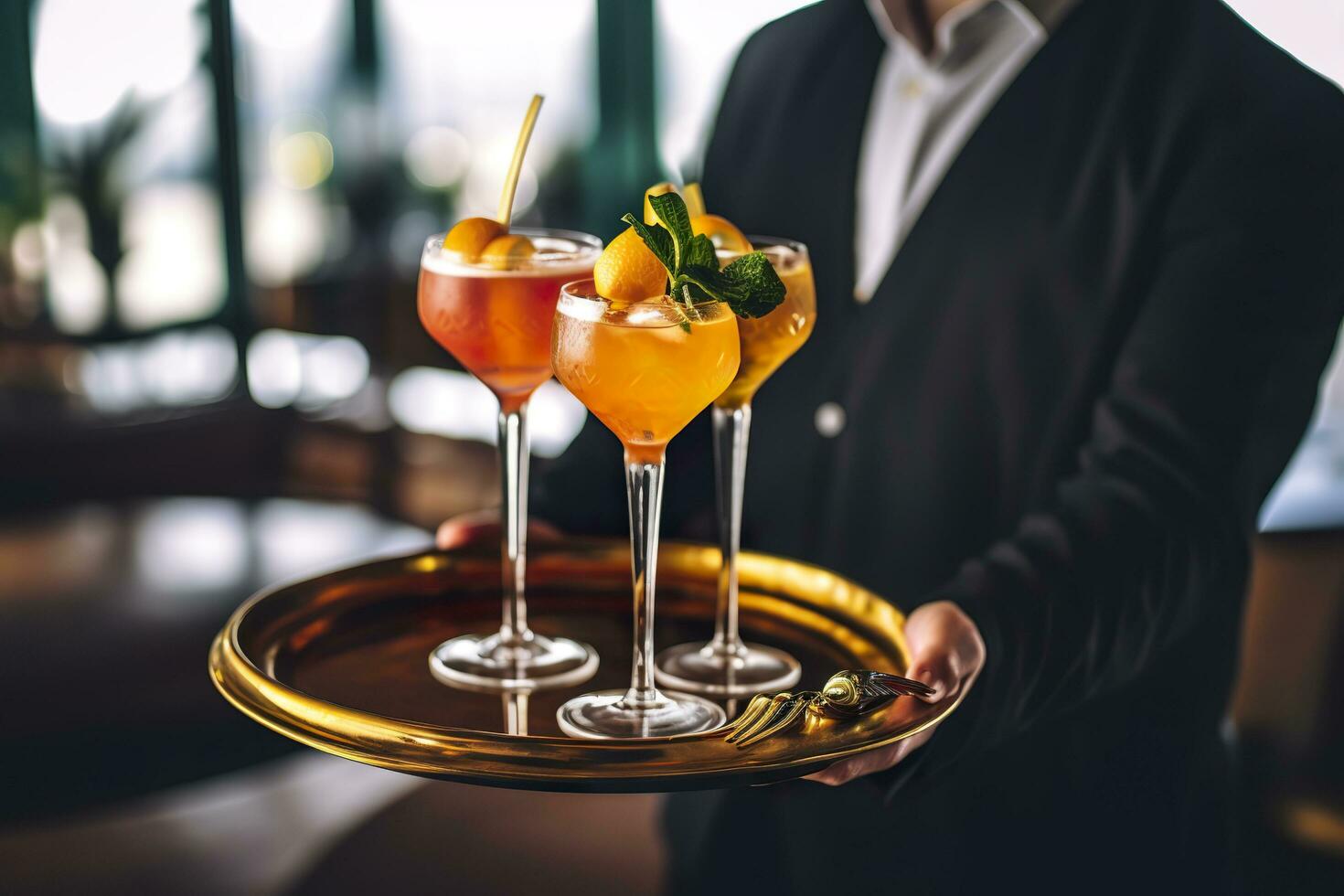 AI generated Glasses alcohol cocktail set on a waiter tray in bar. AI Generated photo