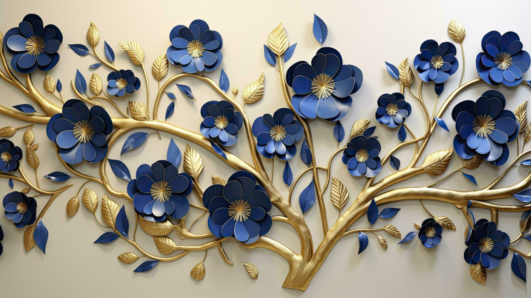 AI generated Elegant gold and royal blue floral tree with leaves and flowers hanging branches illustration background. AI Generated. photo