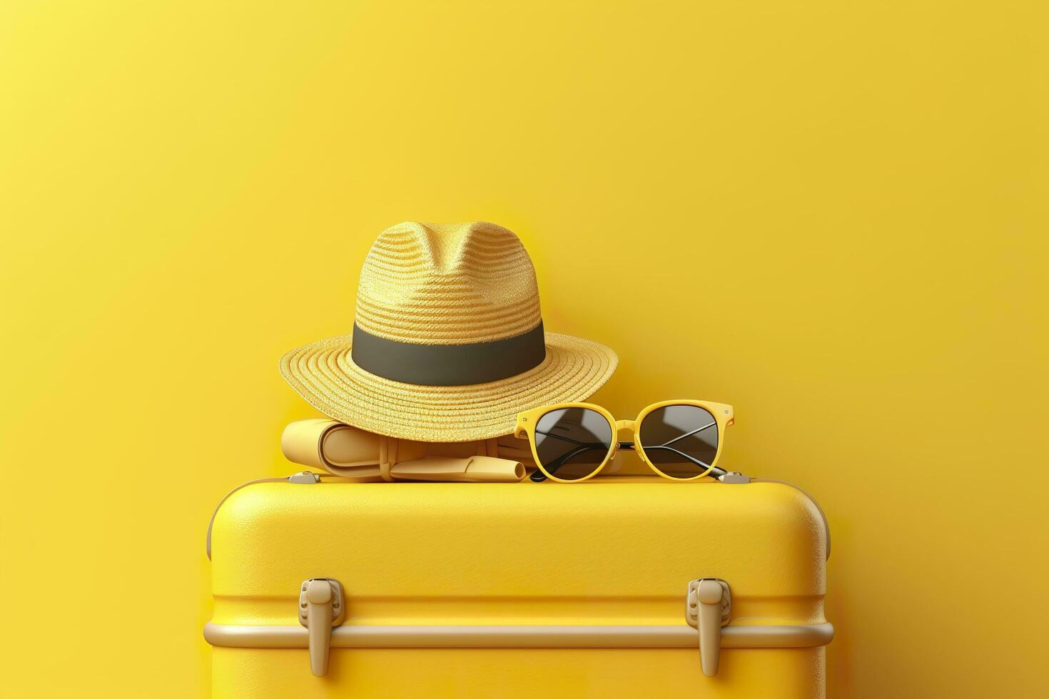 AI generated Yellow suitcase with sun glasses and hat on yellow background. travel concept. Generative AI photo