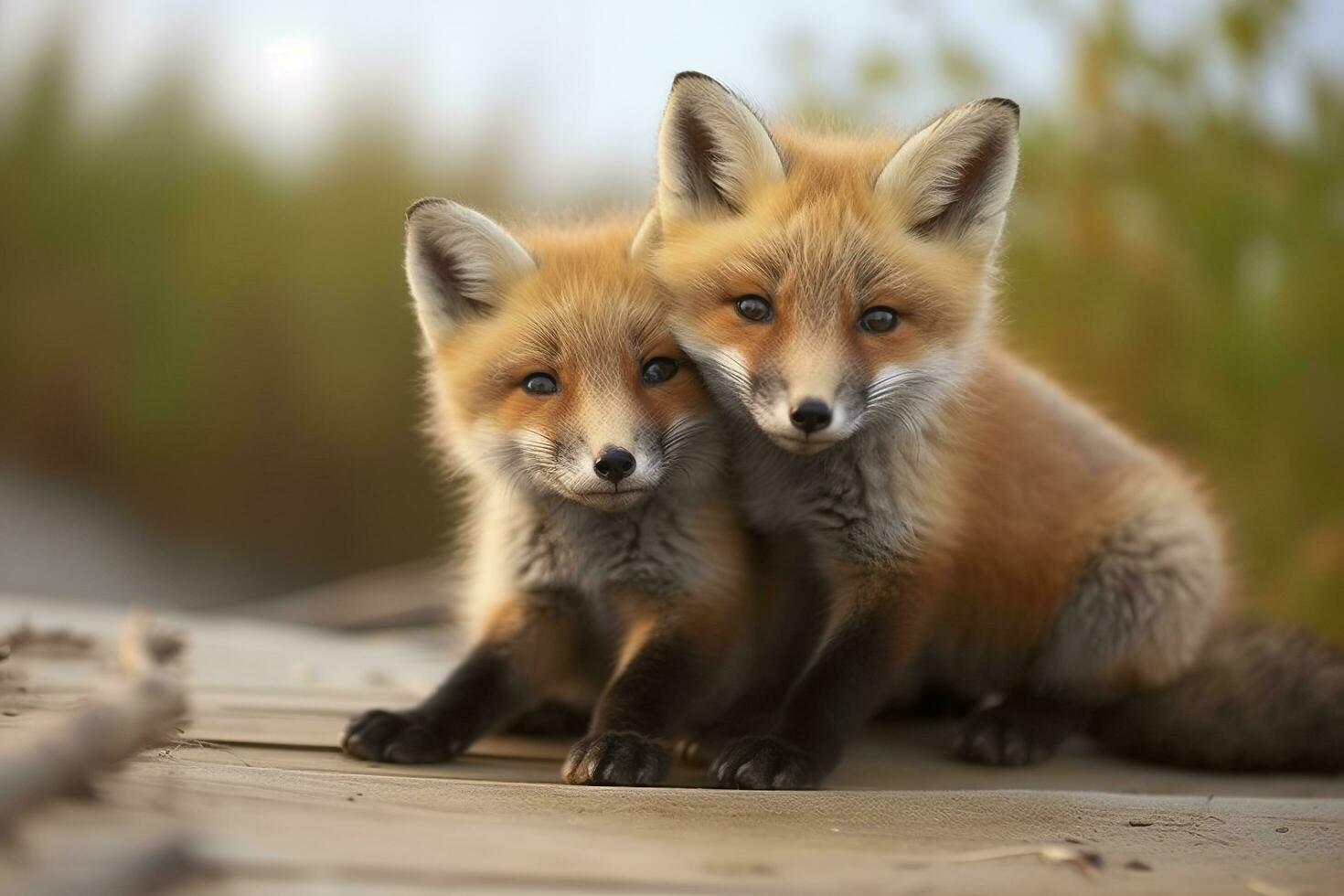 AI generated Wild baby red foxes cuddling at the beach. Generative AI photo