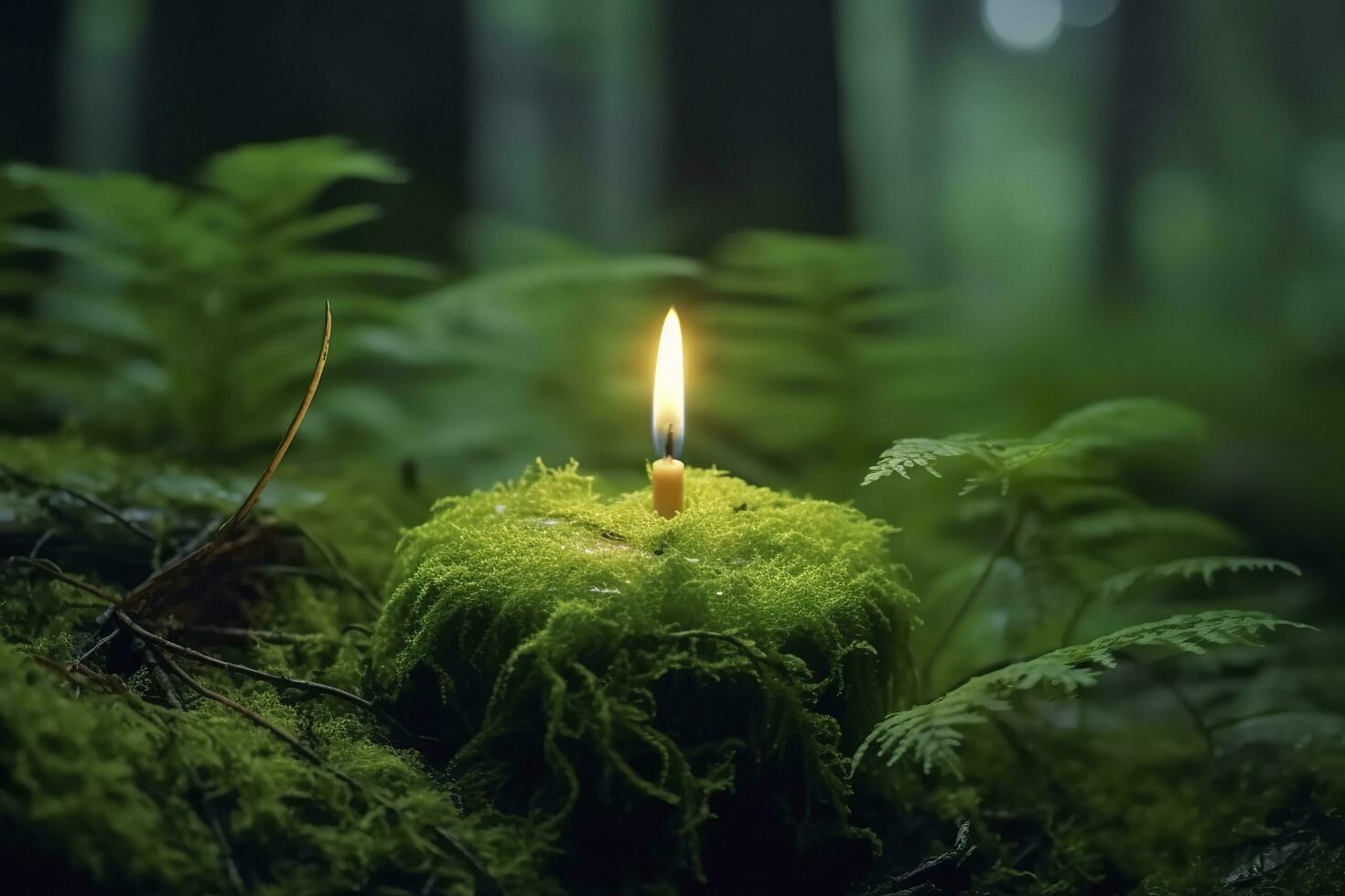 AI generated Burning candle on moss, dark green blurred the natural background. Magic candle. Generative AI photo