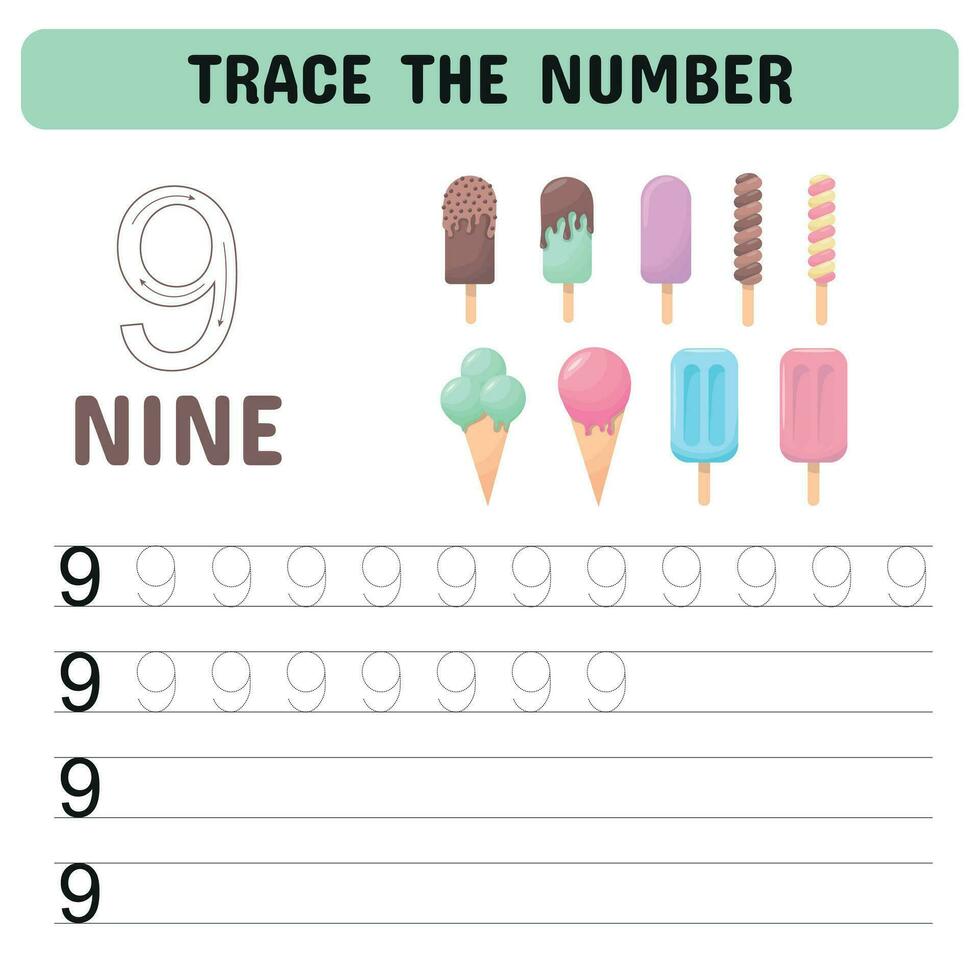 Trace the number . Tracing number worksheet for kindergarten, preschool for learning numbers and handwriting practice activities. Educational children game, printable worksheet. Vector illustration