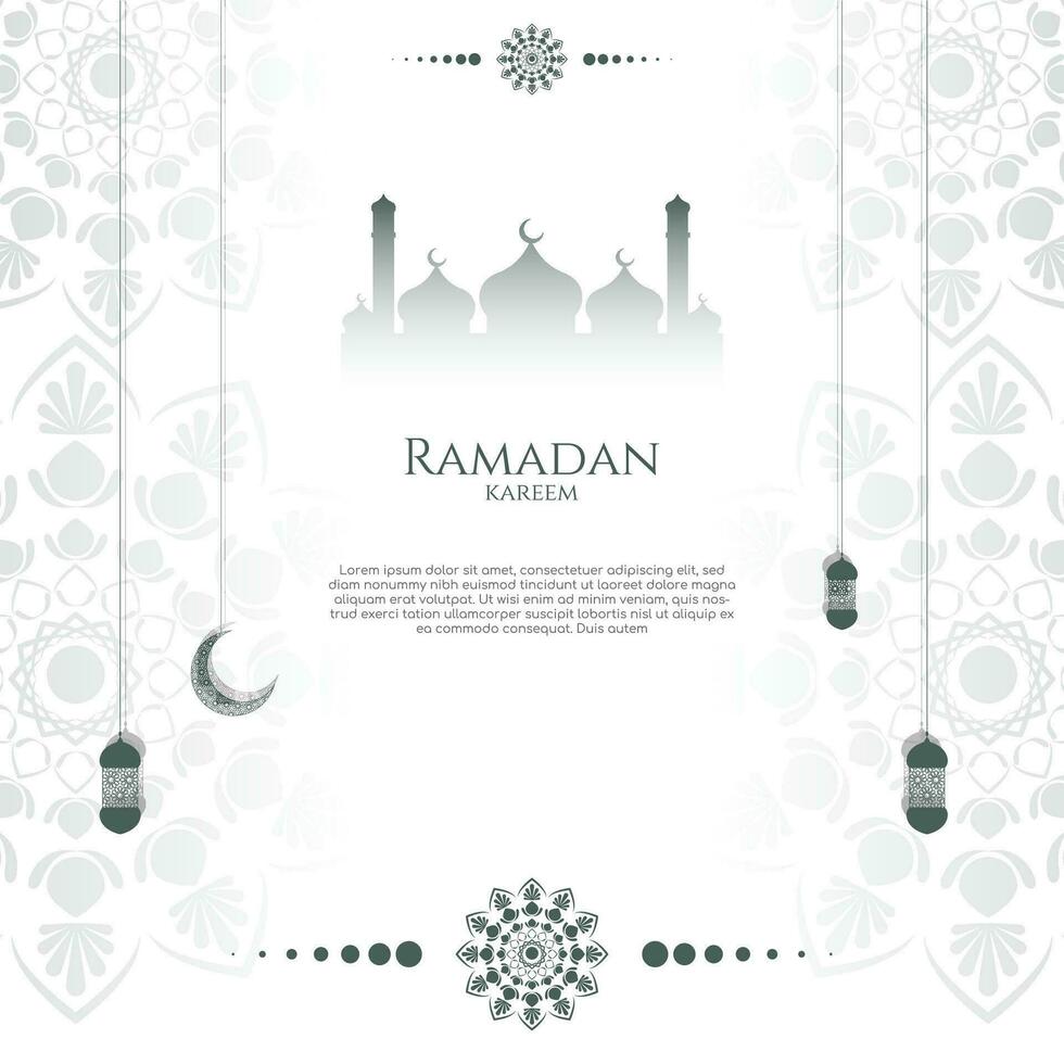 flat islamic background with mandala, crescent and lantern. vector illustration