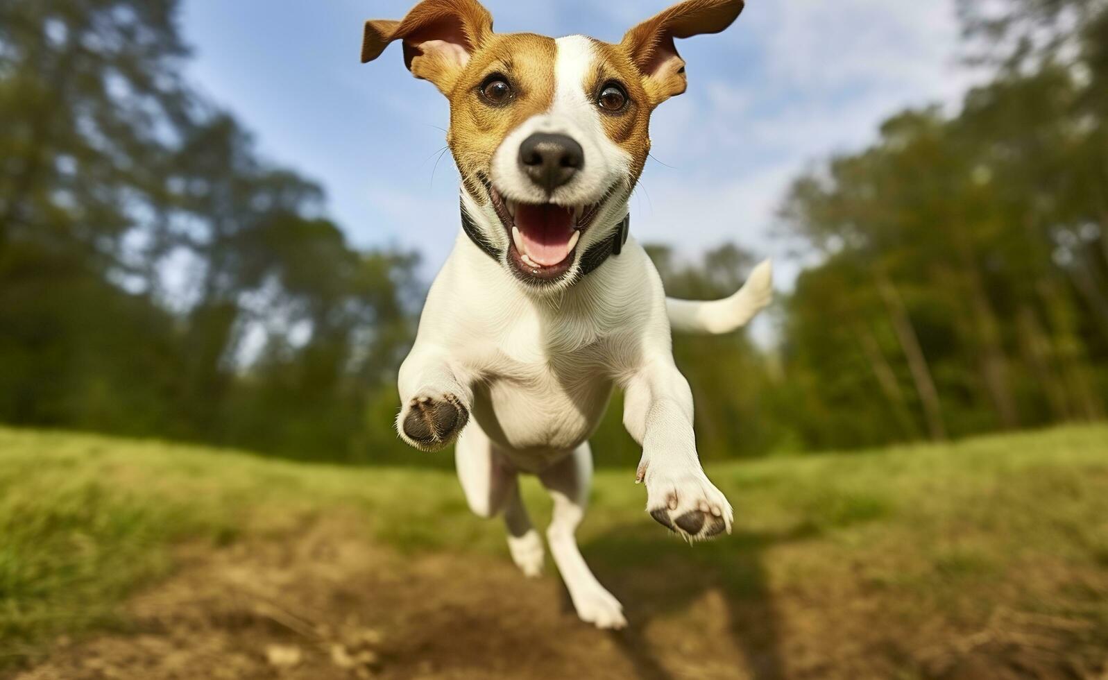 AI generated Jack Russel Parson Dog Run Toward The Camera Low Angle High Speed Shot. AI Generated photo