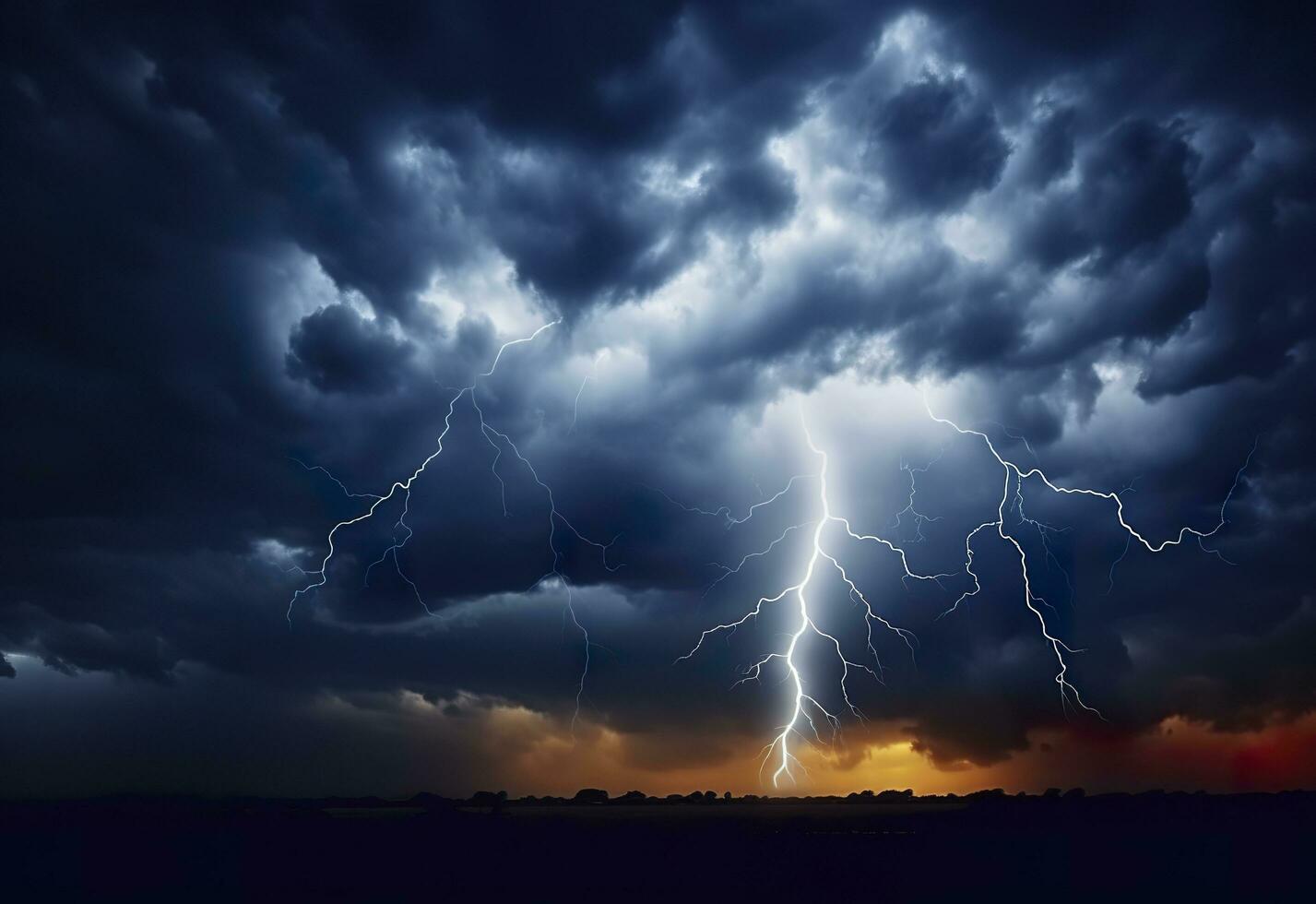 AI generated Lightning strikes on a cloudy dramatic stormy sky. AI Generated photo