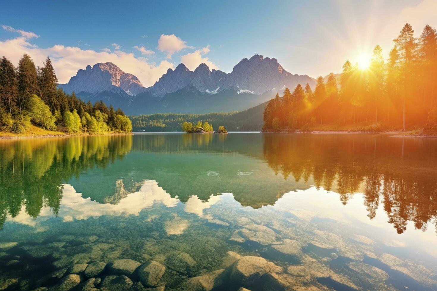 AI generated Impressive summer sunrise on Eibsee Lake with Zugspitze mountain range. AI Generated photo