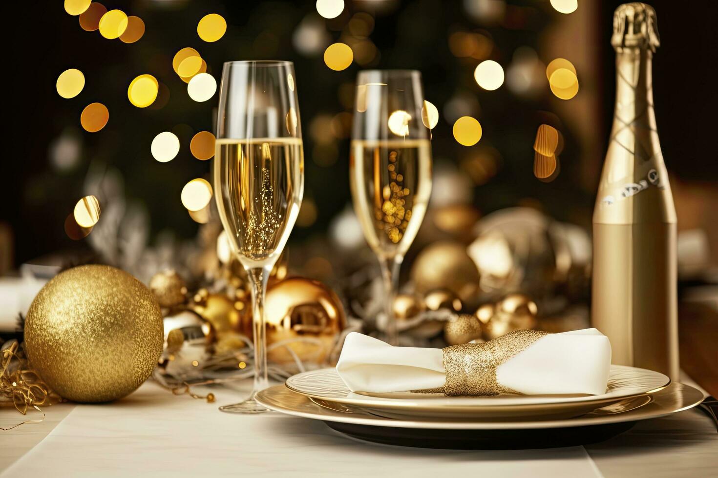 AI generated Christmas table setting with holiday decorations in gold color. AI Generated photo