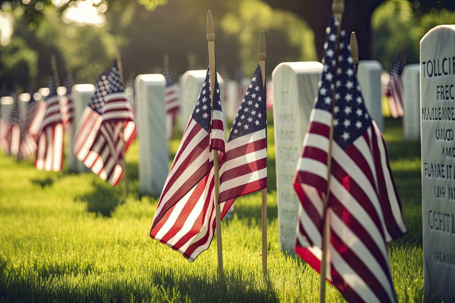 AI generated Military Headstones and Gravestones Decorated With Flags for Memorial Day.  AI Generated photo