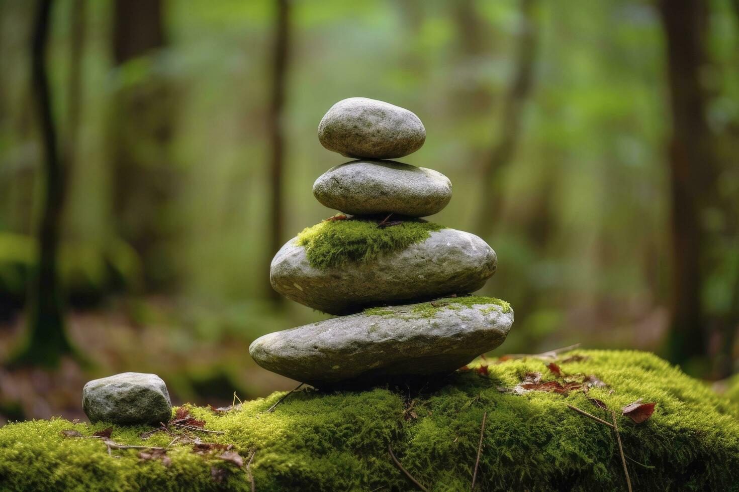 AI generated Pyramid stones balance on old mossy fallen tree. AI Generated photo