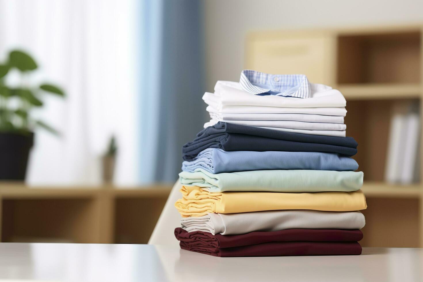 AI generated Stack of clean clothes on table in room. Generative AI photo