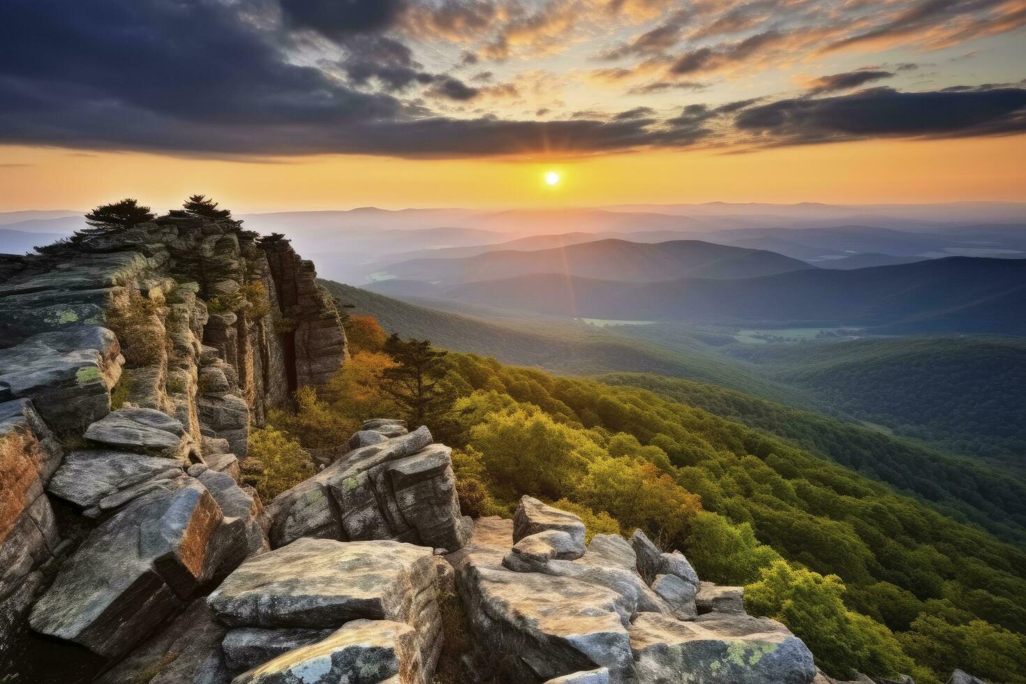 ai generado puesta de sol en pedregoso hombre montaña. ai generado foto