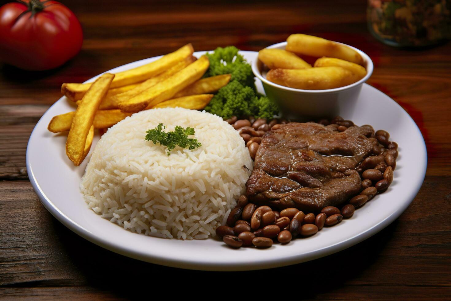 AI generated Rice, beans, French fries, and meat. Generative AI photo
