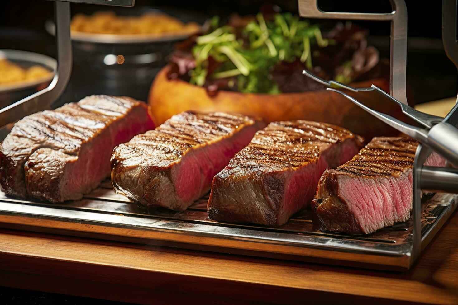 AI generated Steak rotisserie at the steakhouse, sliced picanha, Picanha. Generative AI photo