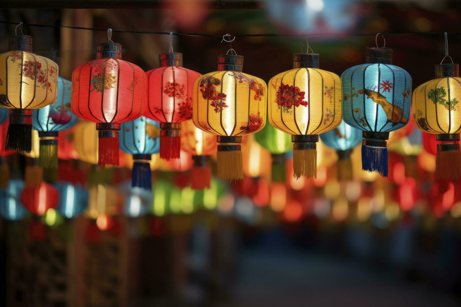 AI generated Colorful festival lanterns during the Chinese traditional holiday season. AI Generated photo