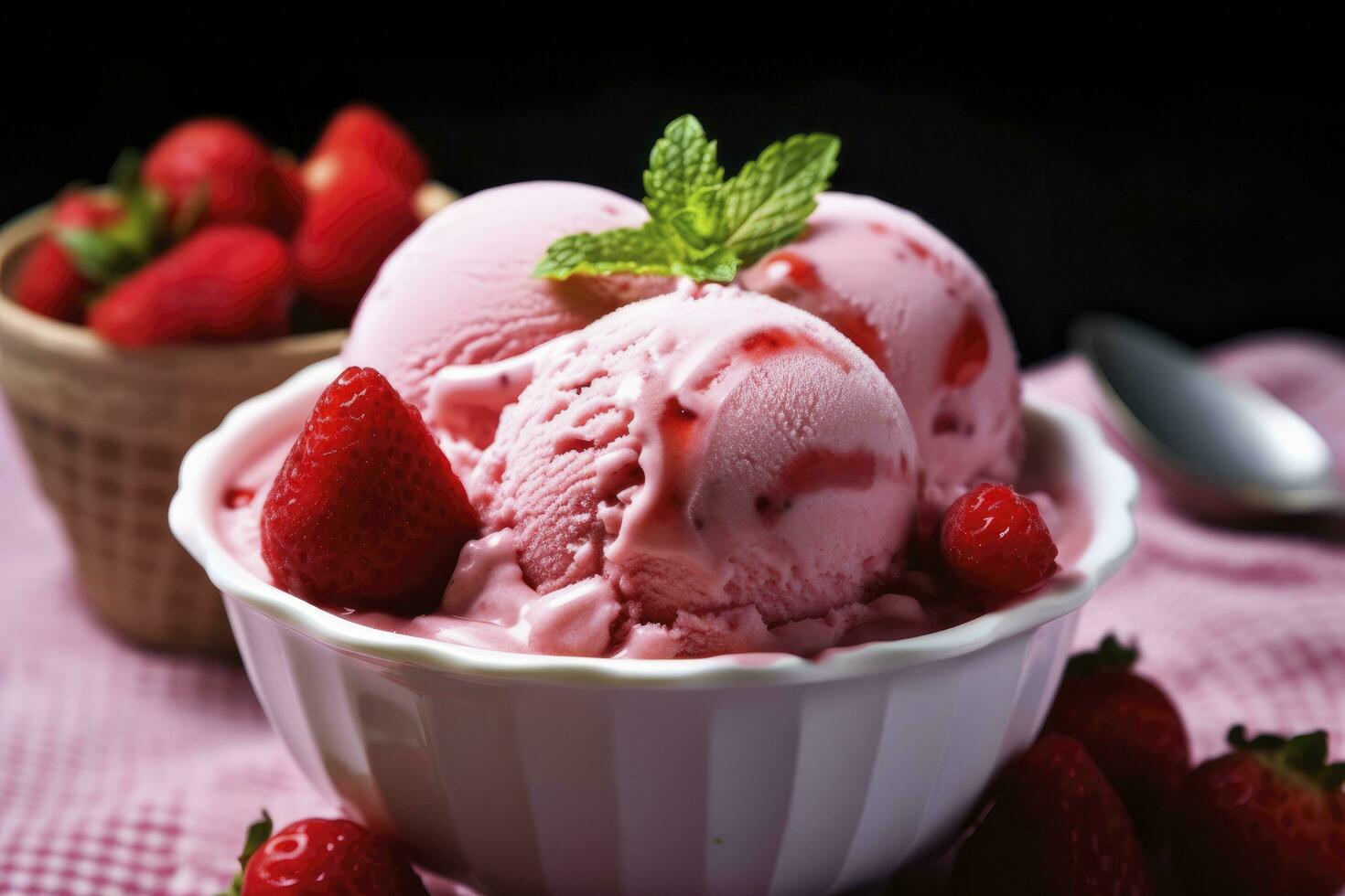 AI generated Strawberry Ice Cream with Fresh Strawberries. AI Generated photo
