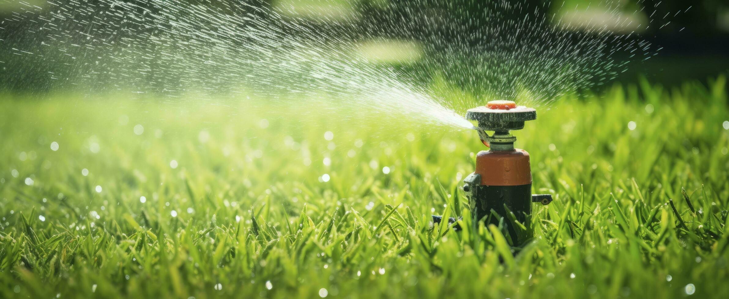 AI generated Automatic garden lawn sprinkler in action watering grass. AI Generated photo