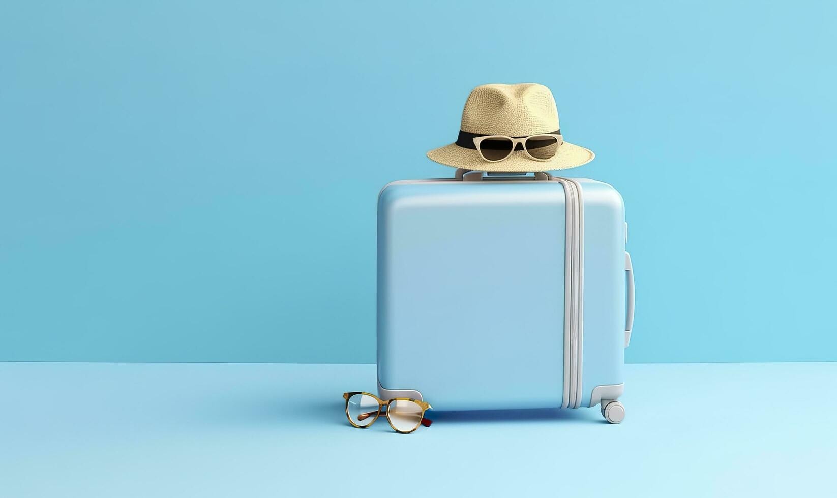 AI generated Blue suitcase with sunglasses on a pastel blue background. travel concept. Generative AI photo