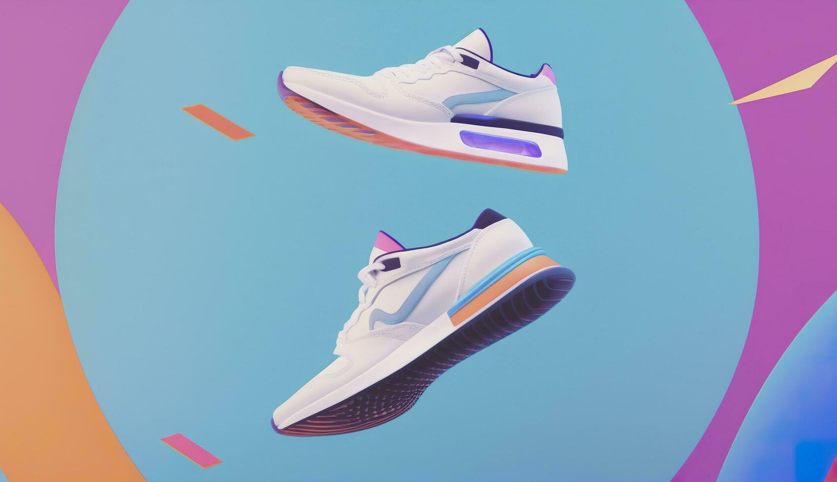 AI generated Flying trendy sneakers on creative colorful background, Stylish fashionable concept. AI Generated photo